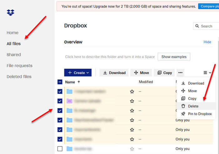 dropbox is full how to delete